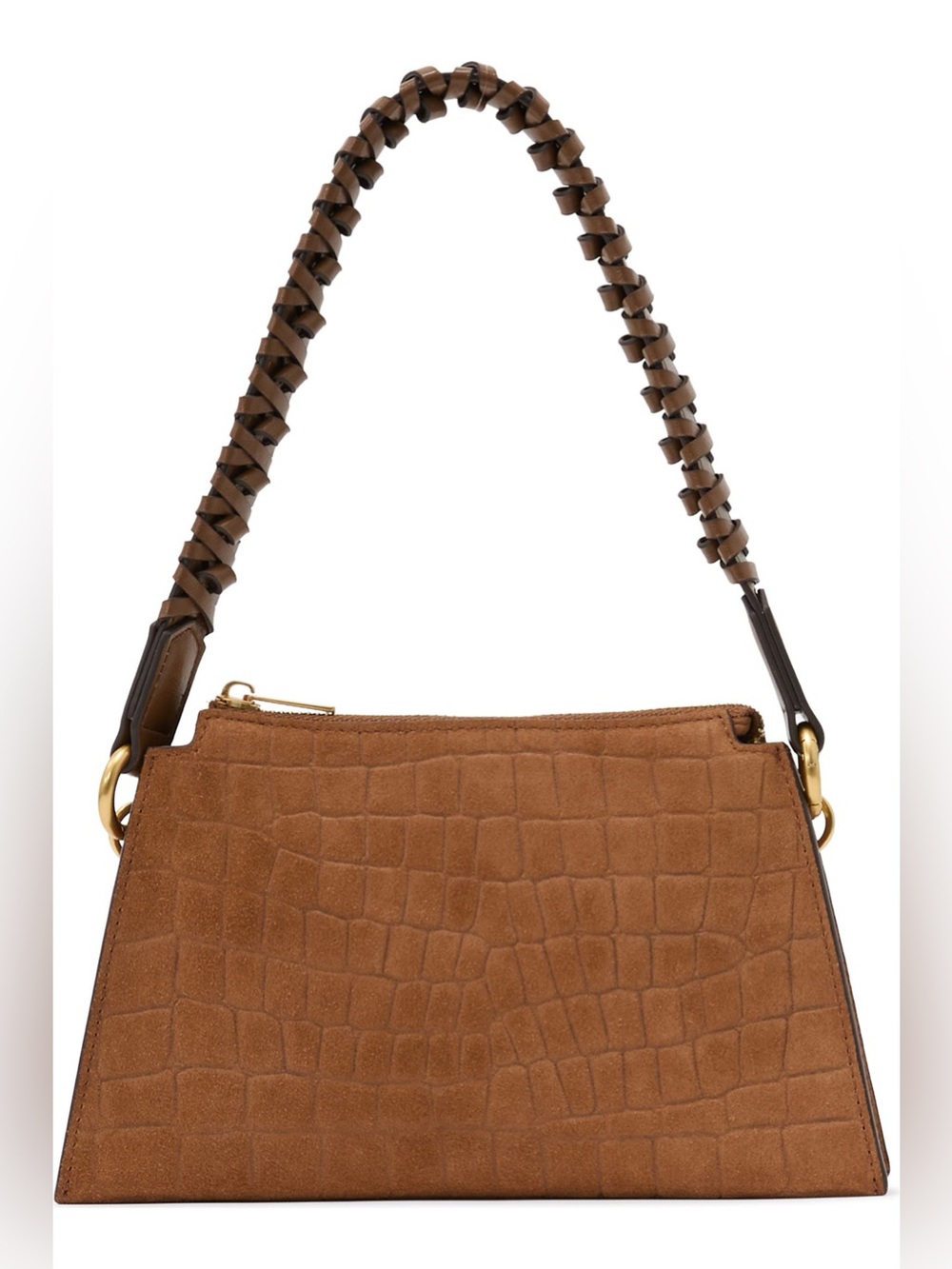 Reiss Brown Croc-Embossed Suede Shoulder Bag with Braided Handle